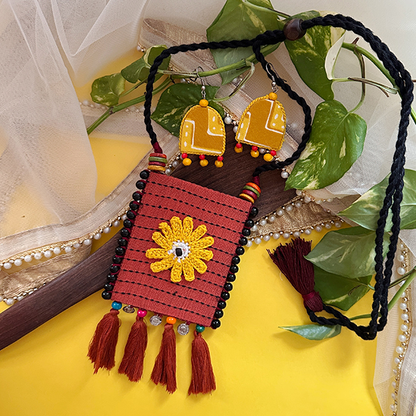 Crochet Flower Green Fabric (RED & YELLOW)